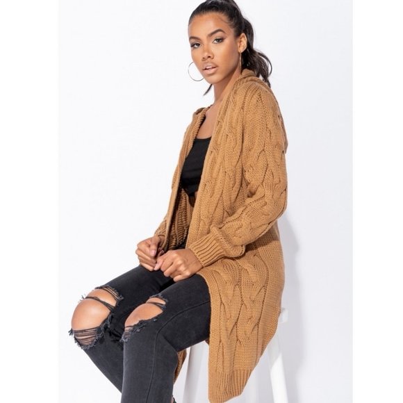 Brown Cable Knit Long Sleeve Open Front Hoodie Hooded Midi Cardigan Sweater - Picture 4 of 8